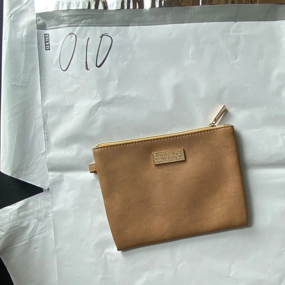 Tan Faux Leather Small‎ Cosmetic Bag Pouch Zipper Closure